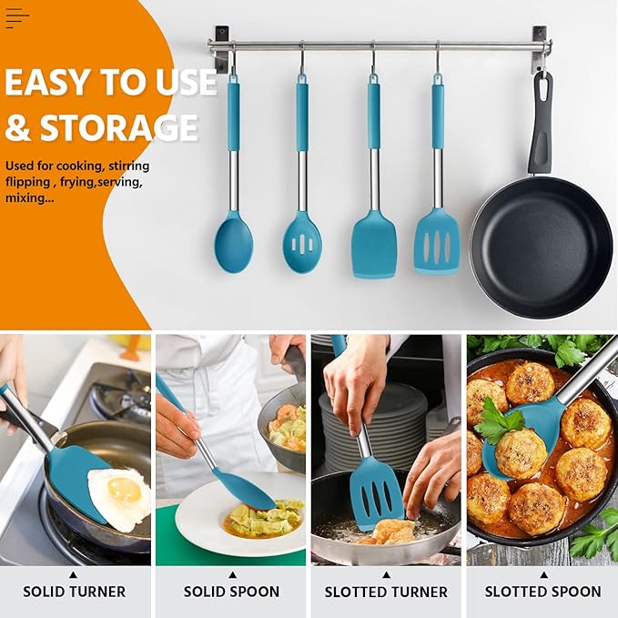 Cooking Utensils Set of 4, E-far Silicone Kitchen Utensils for Non-stick Cookware, Heat Resistant & Non-toxic Slotted Spatula Solid Spoon Turner for Flipping Mixing Serving Basting(Teal Blue) - Image 5