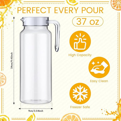 Didaey 4 Pcs Acrylic Water Pitcher with Lid, Spout Handle Clear Plastic Pitcher Heat Resistant Carafe Unbreakable Beverage Container Fridge Jug for Juice Ice Tea Sangria Lemonade(37 oz,Round)