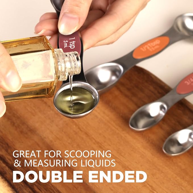 ChefAide Pack of 8 Stainless Steel Magnetic Measuring Spoons Set, Dual Sided, Stackable, Adjustable Teaspoon and Tablespoon Measure Spoon with Leveler, Kitchen Gadgets - Image 5