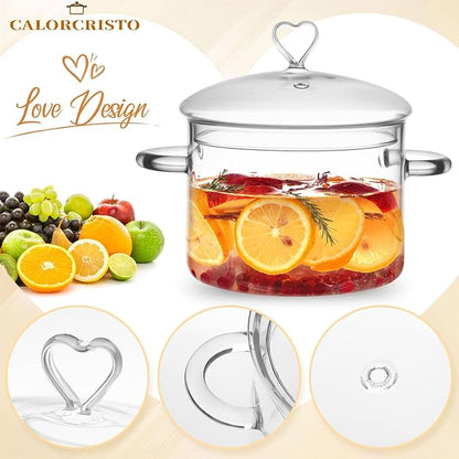 2 L Glass Cooking Pot with Lid, Simmer Pot for Stove Potpourri, Save Energy, Heat Resistant, for Water-based Recipes. Heart Shape Lid, Clear,2000ml(68oz)