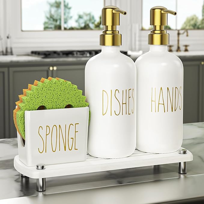 Cisily Kitchen Soap Dispenser Set Comes with Ceramics Sponge Holder, Gold Pumps, and Instant Dry Tray, Hand and Dish Soap Dispenser Set (4, Gold + White + Sponge Holder) by CISILYHOMELIFE