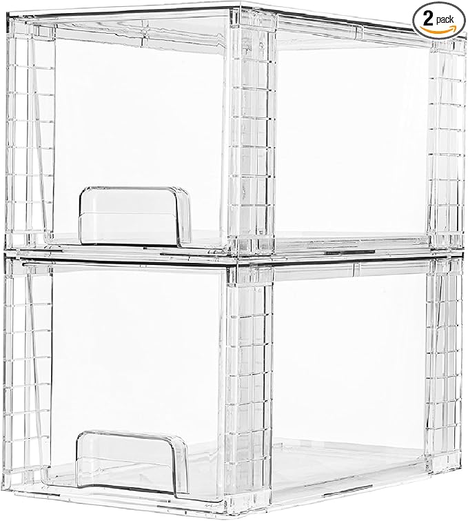 Vtopmart 2 Pack Large Stackable Storage Drawers,Clear Acrylic Drawer Organizers with Handles, Easily Assemble for Bathroom,Kitchen Undersink,Cabinet,Closet,Makeup,Pantry organization and Storage by Vtopmart