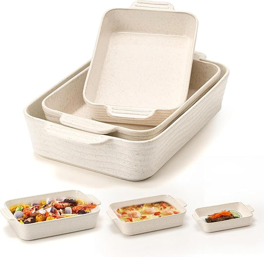 Ceramic Baking Dish Set of 3, Casserole Dishes for Oven, Square Porcelain Bakeware Set with Handles, Lasagna Baking Pan for Cooking, Perfect for Baking and Serving, Housewarming, Halloween, Thanksgiving, Christmas, New Year-Reactive White by Jemirry