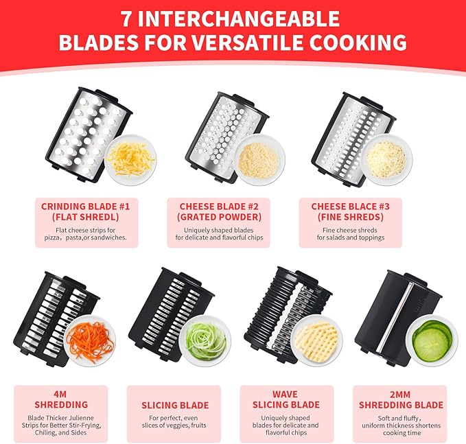 Electric Cheese Grater, 250W Electric Professional Salad Maker & Vegetable Slicer Shredder, 7-in-1 Electric Food Graters Machine with Widened Feeding Port for Block Cheese, Vegetables & Fruits - Image 4