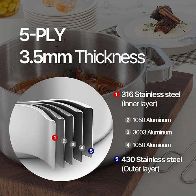 316 Stainless Steel 6 Quart Soup Pot with Lid Casserole, 5Ply, All Stoves Compatible, Dishwasher Safe, Silicone Cool-Touch Handle