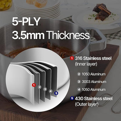 316 Stainless Steel 6 Quart Soup Pot with Lid Casserole, 5Ply, All Stoves Compatible, Dishwasher Safe, Silicone Cool-Touch Handle