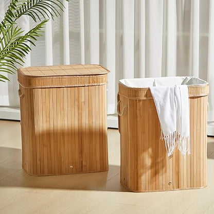 2 Pack 27 Gallon Bamboo Slim Trash Can with Lid Large Foldable Slim Rectangular Garbage Can Bamboo Waste Basket for Bathroom Bedroom Office Home Salon Spa (Wooden Color)