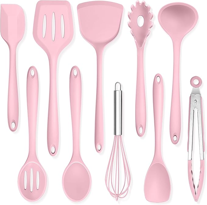 TeamFar Kitchen Cooking Utensils, 10 pcs Silicone Cooking Utensils Set, 446°F Heat Resistant Kitchen Gadgets Tools Set w/Spatula, Turners, Spoons, Soup Ladle, Pasta Server for Nonstick Cookware, Pink by TeamFar