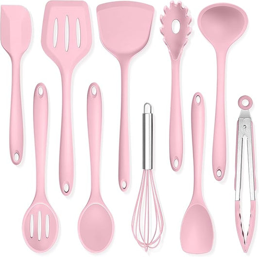 TeamFar Kitchen Cooking Utensils, 10 pcs Silicone Cooking Utensils Set, 446°F Heat Resistant Kitchen Gadgets Tools Set w/Spatula, Turners, Spoons, Soup Ladle, Pasta Server for Nonstick Cookware, Pink by TeamFar