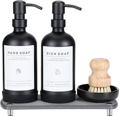 [Luxury] Kitchen Soap Dispenser Set - 16OZ Black Glass Bottle, Stainless Steel Pump, Instant Dry Tray, Waterproof Labels, Non-Slip Silicone Pad, and Dish Brush | Upgrade for Your Kitchen and Bathroom by ORCHID+HOME
