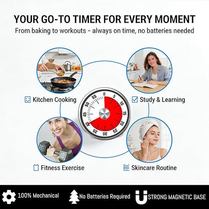 Kitchen Magnetic Visual Cooking Mechanical Timer with Loud Alarm, No Batteries Required, Stainless Steel, Countdown 60 Minute Wind Up Timer for Study, Chef, Teacher, Office (White with Bracket)
