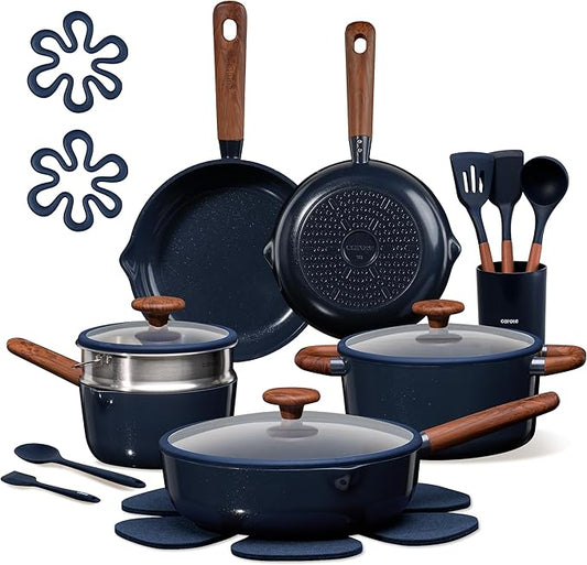 CAROTE 21pcs Cookware Set Nonstick Pots and Pans Set, Ceramic Cookware Set Induction Cookware, Non toxic Healthy Non Stick Kitchen Cooking Set, PFAS PTFE Free, Blue by CAROTE