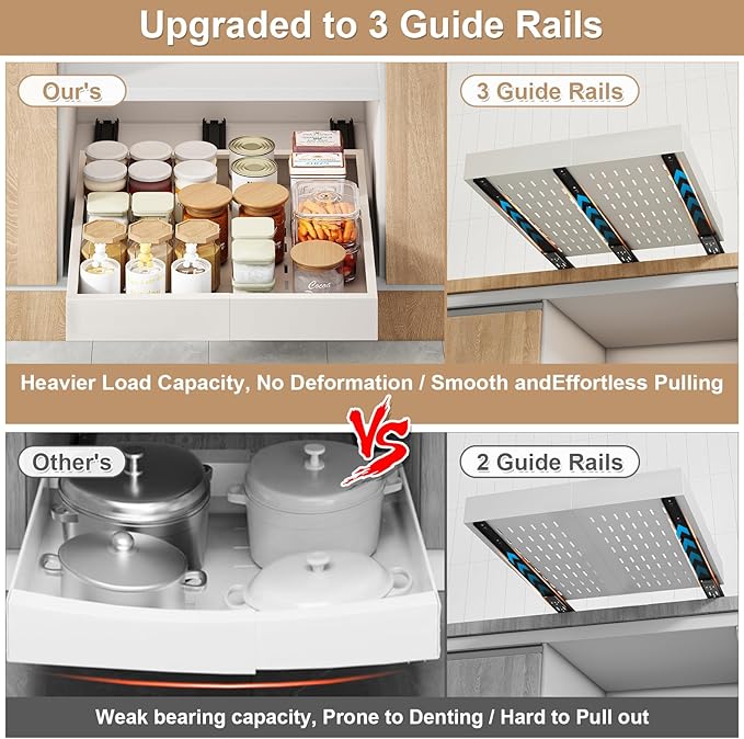 Pull out Cabinet Organizer,Expandable Width(11"-16"),Depth(17"-24") with 3 Rails,Roll out Drawers,No Drill Adjustable Slide out Shelves for Kitchen,Pantry,for Both Lip and Lip-Free Cabinets,White(1PC) - Image 4