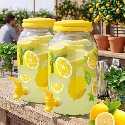 Havawish 2 Pcs 1 Gallon Plastic Beverage Dispenser with Spigot Clear Summer Kitchen Fridge Drink Dispenser for Parties Lemonade Juice Tea Beer Cold Water(Yellow,Circular Column)
