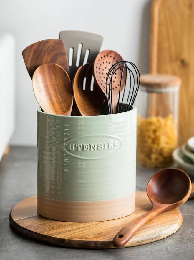 YHOSSEUN Kitchen Utensil Holder, Ceramic Utensil Holder for Kitchen Counter 6.7" Large Cooking Utensil Crock Farmhouse Utensil Organizer Storage, Oval Opening, Green - Image 3