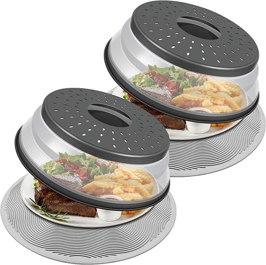 Pack 2, LekDrok Microwave Food Cover with Mat 12 Inch, Mat as Bowl Holder, Cover for Splatter Guard, Collapsible Lid for Plate, Multi-Use Silicone Mat & Kitchen Colander Gadget for Meal Prep, Charcoal by LekDrok