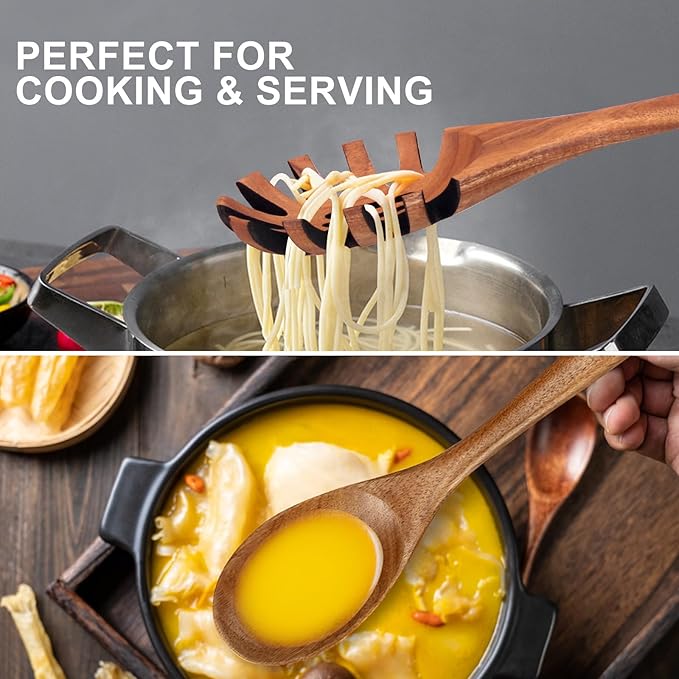 9 Pcs Wooden Spoons for Cooking Utensils with Utensil Holder Teak Wood Kitchen Utensils Set Flat Wooden Spatula Cooking Mixing Spoons Spaghetti Spoon Slotted Turner Scraper Spatula Large Utensils - Image 4