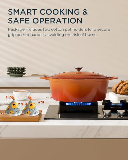 Enameled Cast Iron Dutch Oven - 9.3QT Dutch Oven Pot with Lid & Cotton Potholders - Heavy-Duty Non Stick Casserole Pot for Braising, Stews, Roasting, Baking, Suitable for All Stovetops, Vibrant Orange - Image 8
