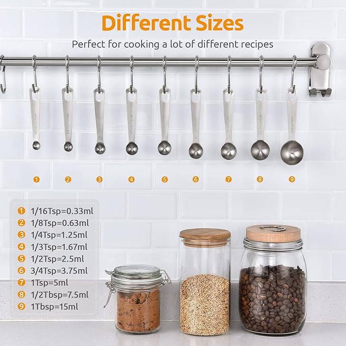 Measuring Spoons: U-Taste 18/8 Stainless Steel Measuring Spoons Set of 9 Piece: 1/16 TSP, 1/8 TSP, 1/4 TSP, 1/3 TSP, 1/2 TSP, 3/4 TSP, 1 TSP, 1/2 tbsp & 1 tbsp Dry and Liquid Ingredients - Image 2