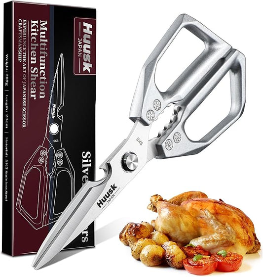 HUUSK Kitchen Scissors All Purpose - Stainless Steel Kitchen Shear, Sharp Silver Meat Scissors Dishwasher Safe, Heavy Duty Poultry Shears, Japanese Cooking Scissor for Food, Christmas Gifts for Women by HuuskKnife