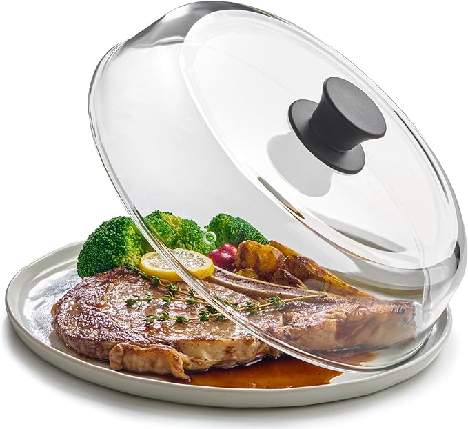 Le'raze 10inch Glass Microwave Splatter Cover for Food - 100% Food Grade BPA & Lead Free - Dishwasher Safe - Cookware & Bakeware Serving Dish Plate Mess Guard Lid with Easy Grip Silicone Handle Knob by LERAZE