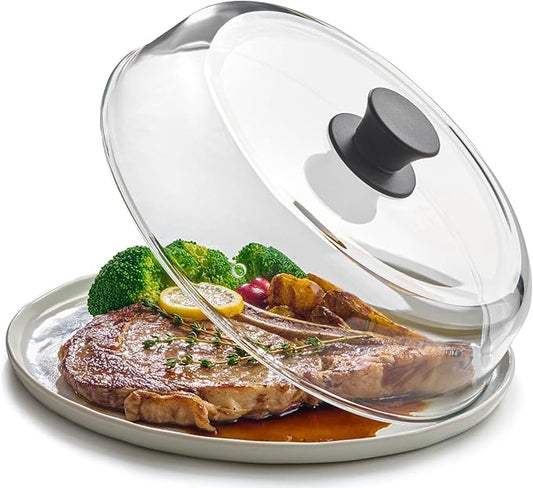 Le'raze 10inch Glass Microwave Splatter Cover for Food - 100% Food Grade BPA & Lead Free - Dishwasher Safe - Cookware & Bakeware Serving Dish Plate Mess Guard Lid with Easy Grip Silicone Handle Knob by LERAZE