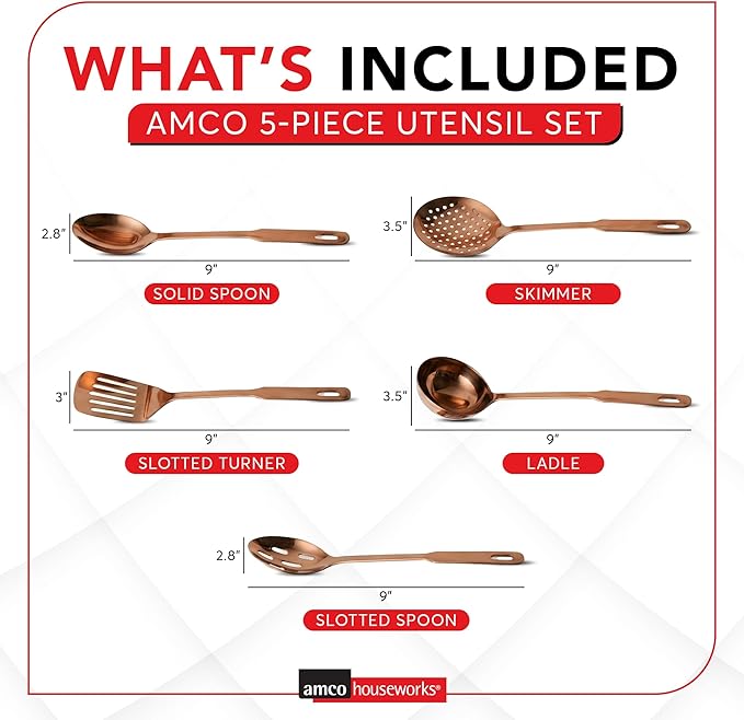 Amco 5-Piece Stainless Steel Cooking Utensil Set, Copper Finish - Includes Kitchen Ladle, Slotted Turner, Skimmer, Solid Spoons - 14" with Hanging Holes for Easy Storage, Durable Kitchen Gadgets - Image 2