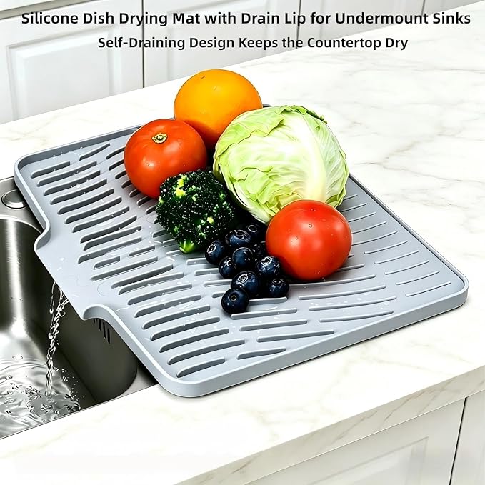 Silicone Dish Drying Mat for Kitchen Counter Sink,16"x13" Gray Rubber Dish Drying Mat with Drain Lip & Lanyard,Non-Slip dish drying Pad,silicone drying mat easy clean dish drain mat - Image 3