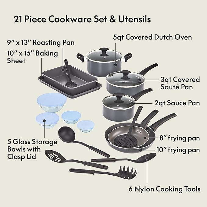 bella Cookware Set with Glass Lids with Nonstick, PFOA Free and Scratch Resistant Surface, Aluminum Bakeware, Pots and Pans, Storage Bowls & Utensils, Compatible with All Stovetops, 21 Piece, Gray - Image 3