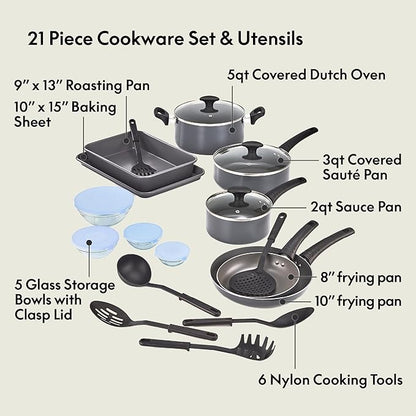 bella Cookware Set with Glass Lids with Nonstick, PFOA Free and Scratch Resistant Surface, Aluminum Bakeware, Pots and Pans, Storage Bowls & Utensils, Compatible with All Stovetops, 21 Piece, Gray - Image 3