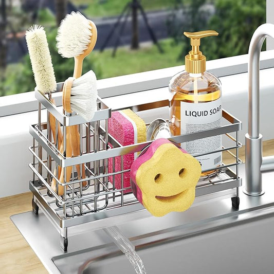 HapiRm Sponge Holder for Kitchen Sink - Self-draining Sink Caddy with Smiley Face and Brush Holder, Stainless Steel Kitchen Organizer for Countertop - Silver by HapiRm