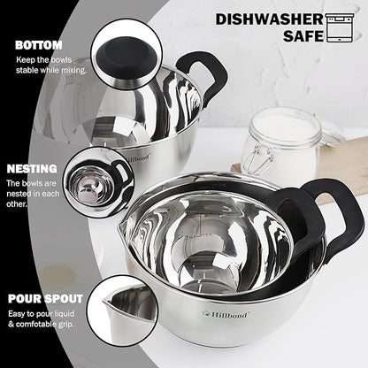 Hillbond Stainless Steel Bowls with Lids Set Mixing Bowls with Pour Spout, Silicone Handle and Non-Slip Bottoms for Baking, Metal Bowls Mixing Dishwasher Safe, Set of 3, Mother’s Day Gift (Black)