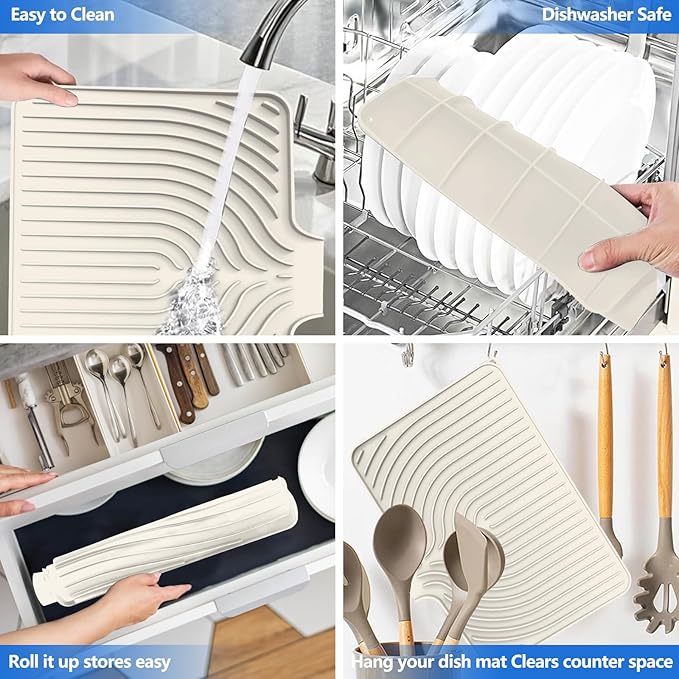 Dish Drying Mat for Kitchen Counter, with Built-in Drain Lip, Food-Grade Silicone, Easy Clean Pad for Countertop Protection, Multi-Functional Use (18x11.8, Beige) - Image 4