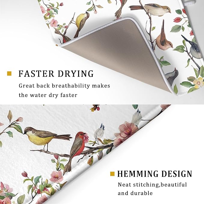 Spring Dish Drying Mat for Kitchen Counter Cute Birds Summer Holiday Microfiber Absorbent Dish Draining Reusable Washable Foldable Extra Large 18"x24" - Image 3