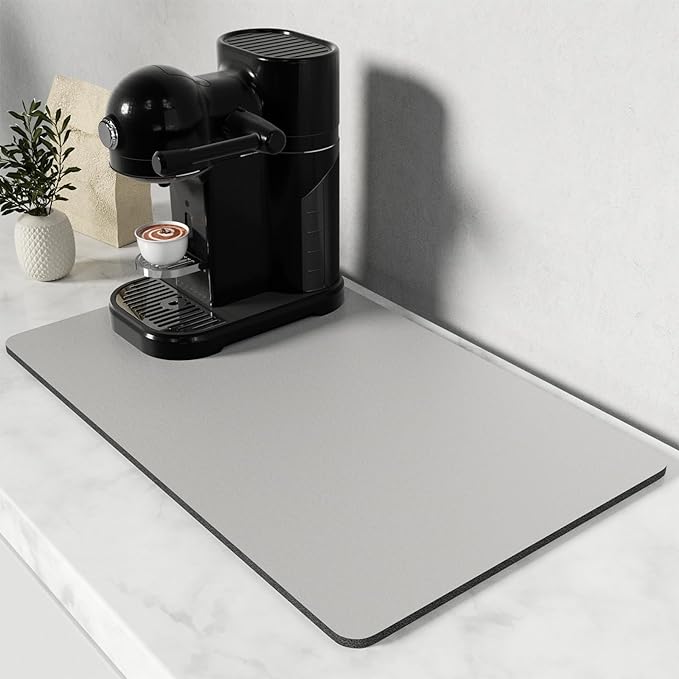 Rnivvi Coffee Mat, 12" x 19" Coffee Bar Mats for Espresso Machine Station Accessories and Organizer, Hide Stain Rubber Backed Absorbent Dish Drying Pad for Kitchen Counter, Cute Bar Decor Pad, Gray by Rnivvi