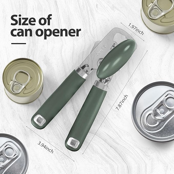 Safring Can Opener Manual, Heavy Duty Stainless Steel Smooth Edge Can Opener With Soft Touch Handle, Oversized Handheld Easy Turn Knob, Multi-Function Bottle Opener, Hunter Green
