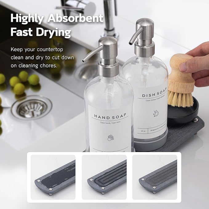 [Luxury] Kitchen Soap Dispenser Set - 16OZ Clear Glass Bottle, Stainless Steel Pump, Instant Dry Tray, Waterproof Labels, Non-Slip Silicone Pad, and Dish Brush | Upgrade for Your Kitchen and Bathroom - Image 2