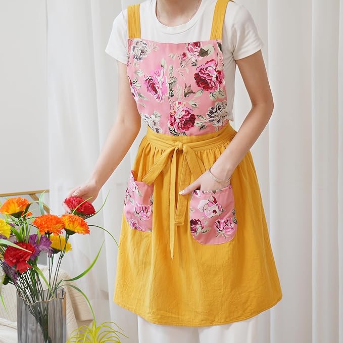 Pinknoke Vintage Pinafore Apron Dress for Women with Pockets Cute Floral Chef Aprons for Kitchen Cooking Baking Gardening - Image 8