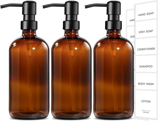 GMISUN Shampoo and Conditioner Dispenser, 3 Pack Amber Glass Bathroom Shampoo Conditioner Body Wash Dispenser with Pump for Shower, 17 Fl Oz Hand Soap Dish Soap and Lotion Dispenser Set for Kitchen by GMISUN