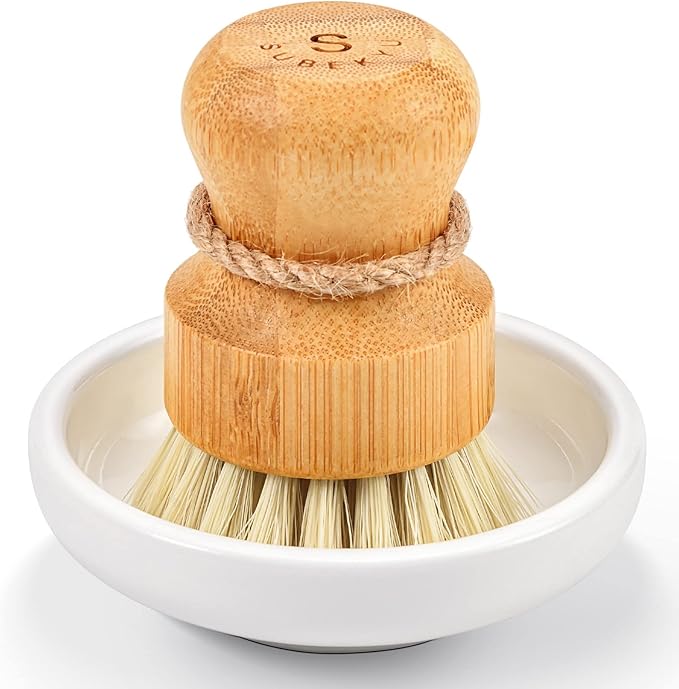 SUBEKYU Bamboo Dish Scrub Brush for Kitchen Sink, Natural Wooden Washing Dish Brush Scrubber with Sisal Bristles for Household Cleaning, Cast Iron Pots, Pans and Vegetables by SUBEKYU