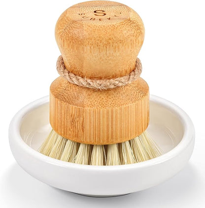 SUBEKYU Bamboo Dish Scrub Brush for Kitchen Sink, Natural Wooden Washing Dish Brush Scrubber with Sisal Bristles for Household Cleaning, Cast Iron Pots, Pans and Vegetables by SUBEKYU