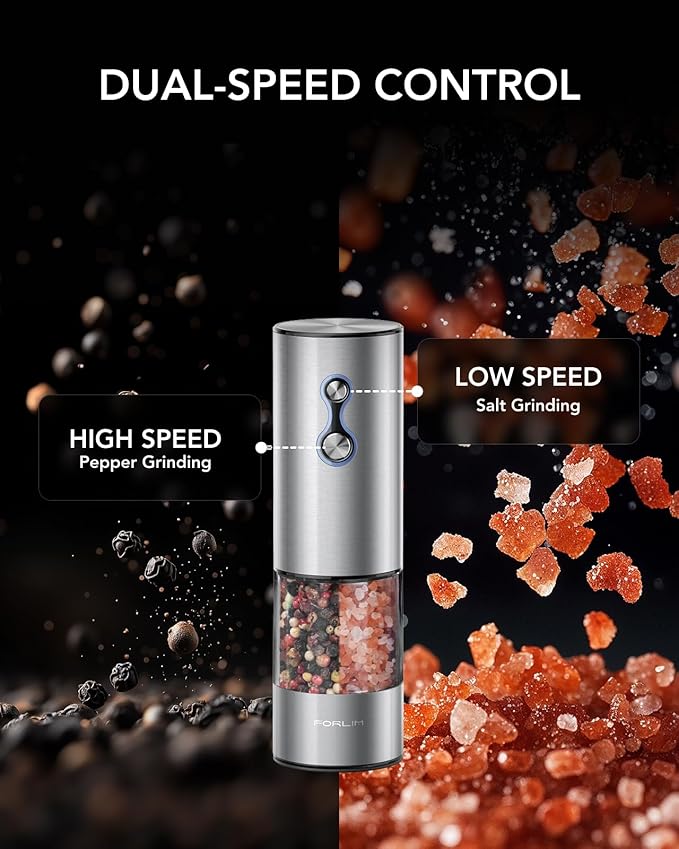 FORLIM Rechargeable Electric Salt and Pepper Grinder Set, Dual-Speed Control, Stainless Steel Automatic Salt & Pepper Mill with Dust Cover, 2 LED Lights, Adjustable Coarseness (2-Pack, Glossy Silver) - Image 3