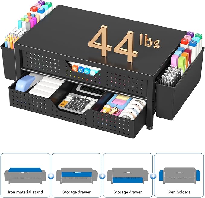 OPNICE Computer Monitor Stand Riser with 2 Drawers & 2 Pen Holders, Desk Organizer for Office Supplies, Laptop Stand for Desk, Workspace Desk Organizers and Accessories for Home Office, Black - Image 3