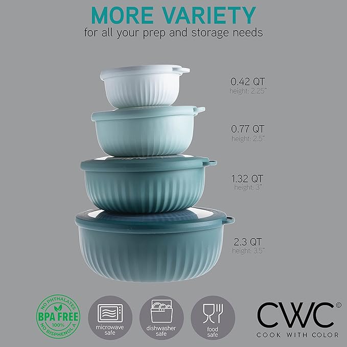 COOK WITH COLOR Prep Bowls with Lids- Wide and Deep Nesting Plastic Small Mixing Bowl Set with Lids, 8 Piece Set - Wide Bowls, Teal - Image 2