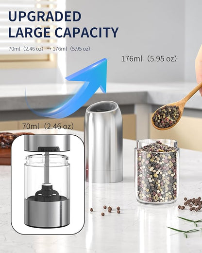 CIRCLE JOY Gravity Electric Salt and Pepper Grinder Set, Battery Powered Automatic Pepper Mills with Adjustable Coarseness, One Hand Operation, 176ml Large Container, Silver - Includes 8 Batteries - Image 7