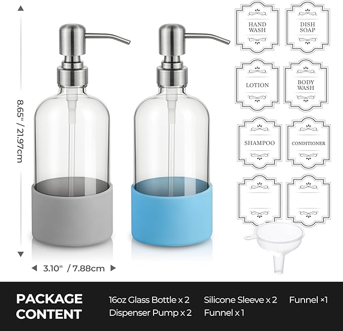 16 oz Hand and Dish Soap Dispenser Set for Kitchen and Bathroom, 500ml Clear Glass Soap Dispenser with Stainless Steel Pump, Non-Slip Silicone Sleeves, Labels - 2 Pack