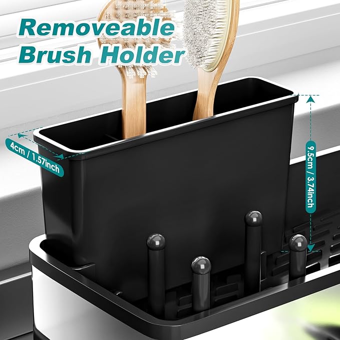 Ewaiira Stainless Steel Sink Caddy, Sponge Holder for Kitchen Sink with Brush Holder and Towel Rack, Sink Organizer for Countertop, Soap Dispenser Kitchen Organizers Storage Essentials, Black 9.8″ - Image 8