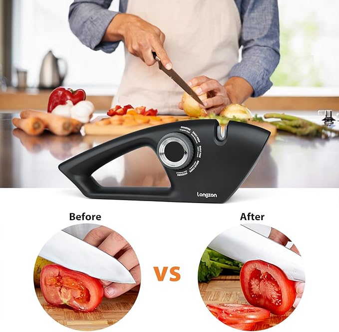Longzon 6-in-1 Knife Sharpener 5 Stage with Cut-Resistant Glove, Manual Kitchen Tool for Straight & Serrated Knives, Quickly Sharpens Restores & Polishes Dull Blades Safe for Home Kitchen - Image 9