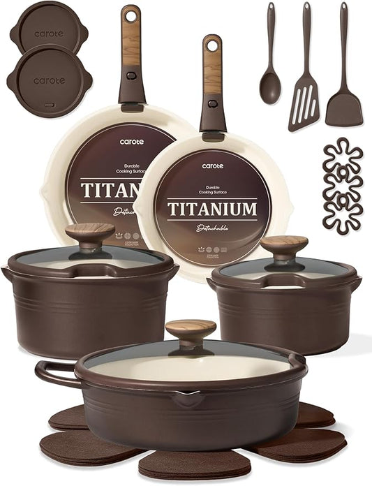 CAROTE 22Pcs Titanium Cookware Set, Pots and Pans Set Non Stick, Kitchen Cooking Set with Detachable Handle, Non Toxic Induction Cookware, Dishwasher/Oven Safe, Browm by CAROTE