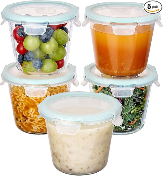 Vtopmart 5Pack 24oz Glass Storage Containers with Lids, Glass Meal Prep Food Container Sets with Snap Airtight Lids for Microwave, Oven, Freezer and Dishwasher, Green, Round by Vtopmart